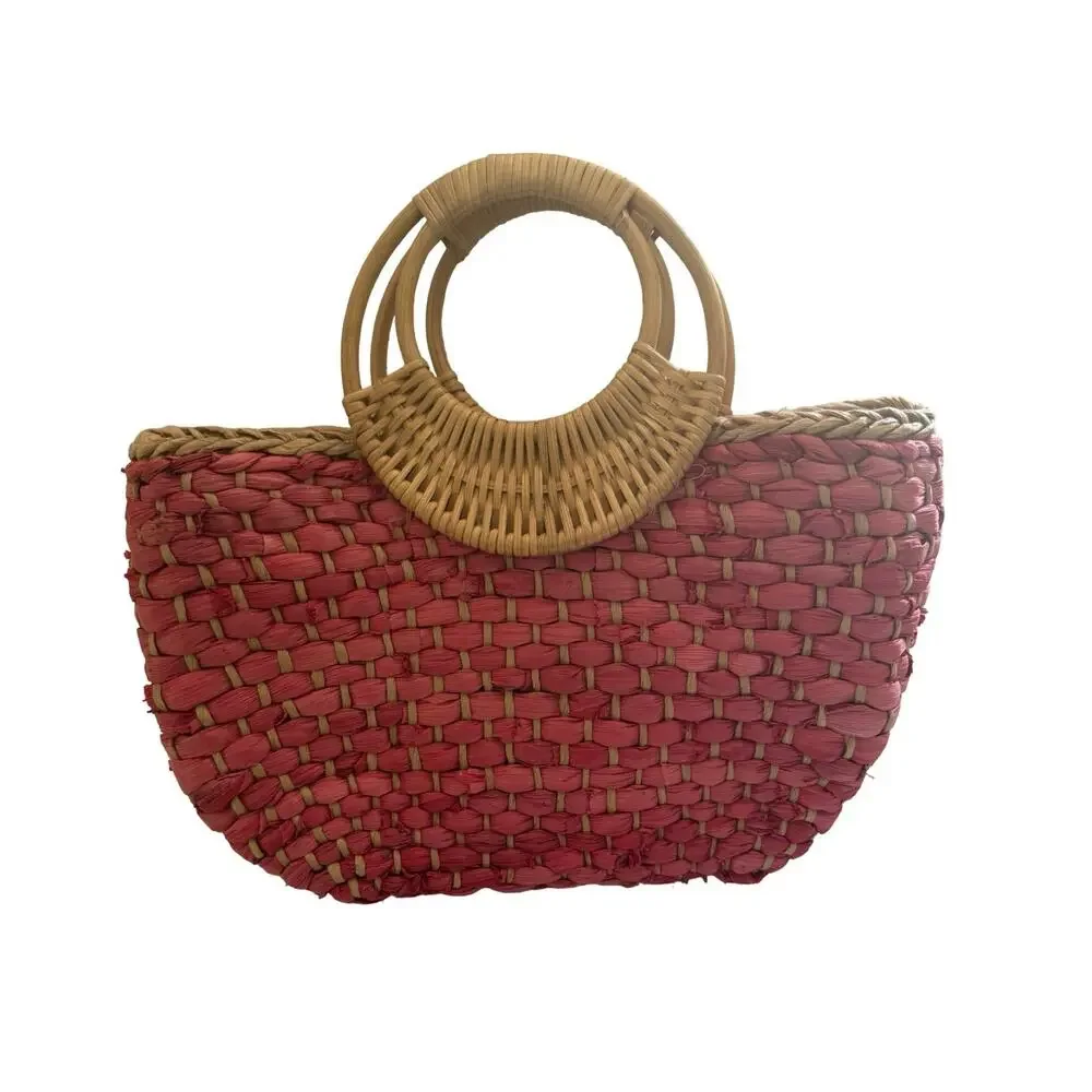 Free People Sophia Straw Tote Red Woven Bamboo Ring Handles Boho Purse Bag EUC